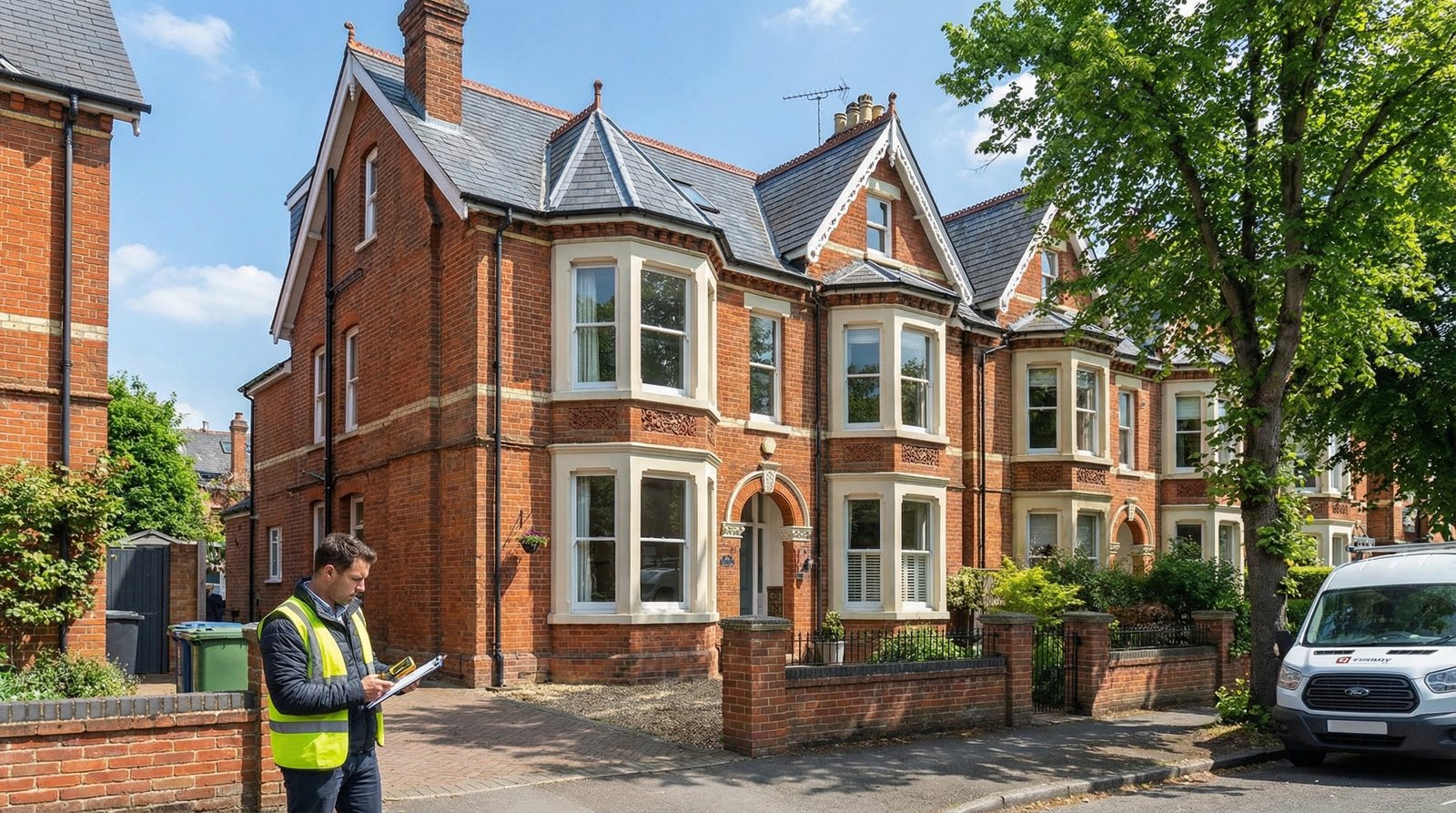 Professional property surveyor inspecting Reading home
